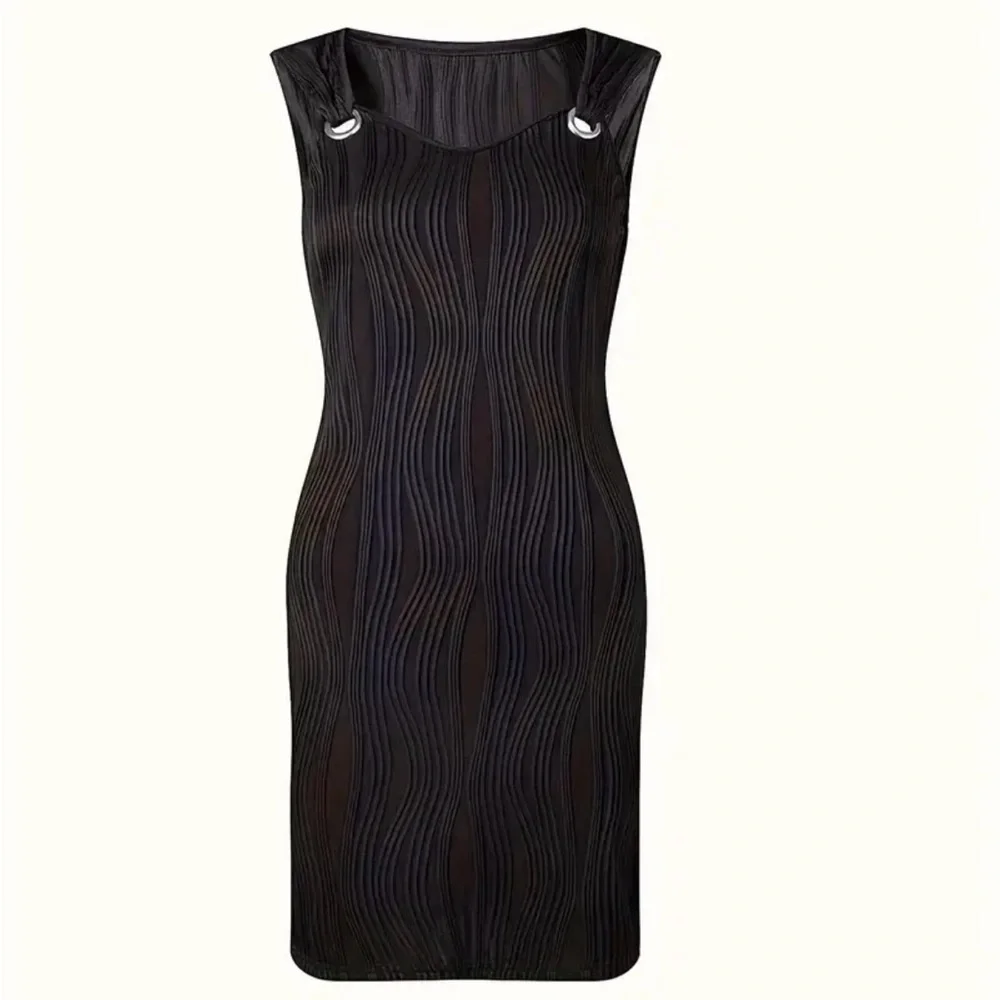 Elegant Black Sleeveless Dress Ring Detail Size L - Picture 3 of 8